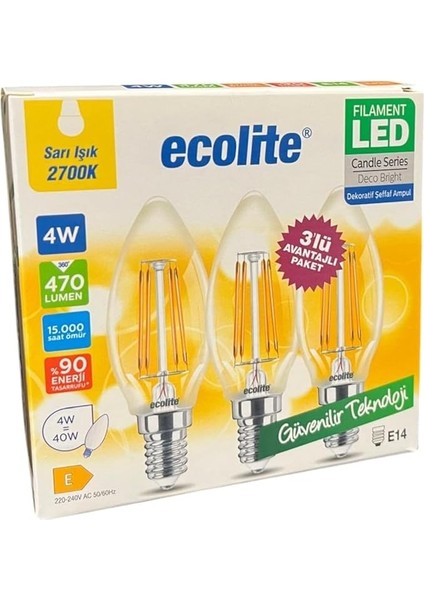 4W LED Filament Mum Ampul, E14 Duy, 2700K Sarı Işık, 470 Lümen, Şeffaf Cam, Akkor Görünümlü Dekoratif Lamba, 3'lü Paket fırsatları