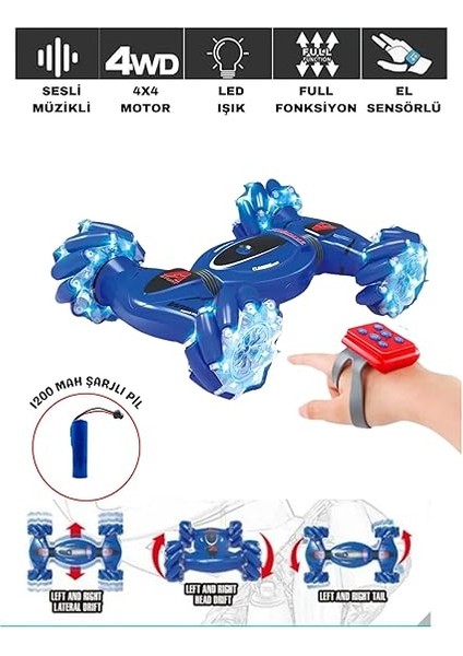 Kontrol ve Bilek Kumandalı Çift Kontrollü Şarjlı LED Işıklı Sesli ve Müzikli Drift Atan Akrobat Araba (Mavi) fiyatları