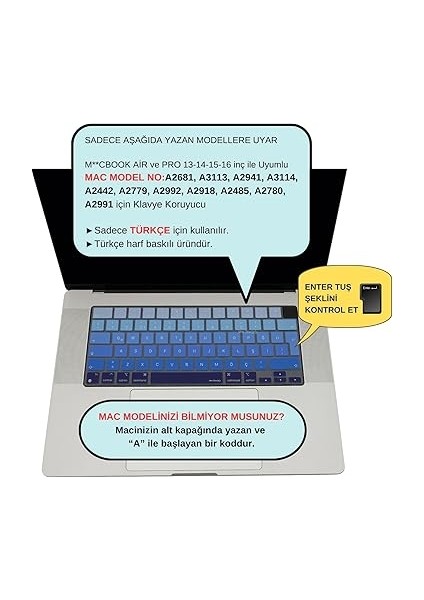 MacBook Klavye Koruyucu Silikon Kılıf Türkçe Q Baskılı Uk-Ters L- Enter Tipi Air 13,6-15,3inç- Pro 14,2-16,2inç M1-M2-M3-M4 Pro Max Uyumlu, Yıkanabilir Silikon Klavye Filmi Lacivert Mavi fiyatları