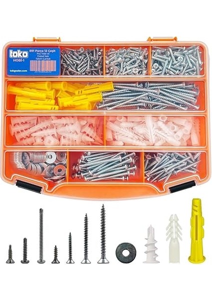 Hobi-1 891 Parça 12 Çeşit, Pul, Vida ve Dübel Seti, Organizer Takım Çantalı