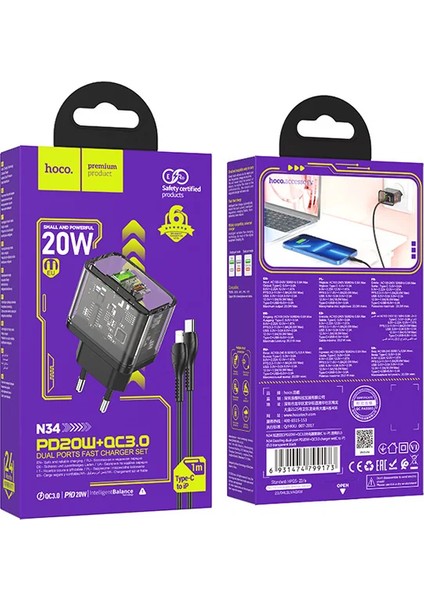 Yetkinphone N34 PD20W USB + Type-C + iPhone Lightning Kablo Hızlı Şarj Adaptör Seti