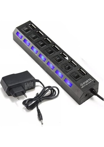 Port USB Hub Çoklayıcı Çoğaltıcı Onoff Düğmeli Işıklı Adaptörlü