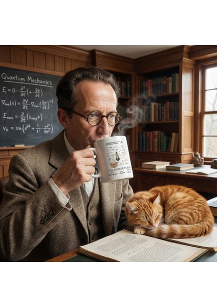 Schrödinger’in Kedisi Baskılı Porselen Kupa-Standart Kulplu Kupa-Einstein-Curie-Fizik-Kimya fiyatları