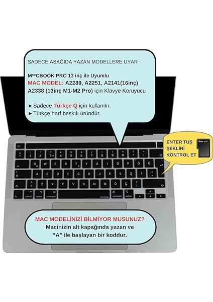 MacBook Pro 13 Klavye Koruyucu – A2251 A2289 A2338 M1-M2, A2141 16 Inç Uyumlu – Türkçe Q & Eu Uk Iso Enter – Silikon Klavye Kılıfı, Toz Sıvı Koruma, Ince Şeffaf Tasarım fiyatları