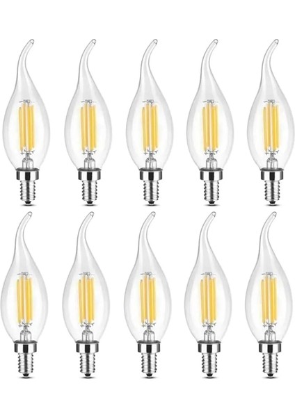 10 Adet Kıvrık Buji Ampul 4W Şeffaf Filament Rustik LED Ampul – E14 Duy, 3200K Günışığı Işık - Cata - Avize Ampulü