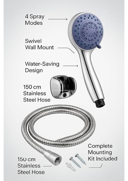 Spiralli Duş Başlığı Seti, 4 Fonksiyonlu Krom Duş Başlığı, 150 cm Duş Hortumu, Mafsallı Başlık, Vida ve Dübel Dahil, Su Tasarruflu, Duvara Monte Banyo Takımı modelleri
