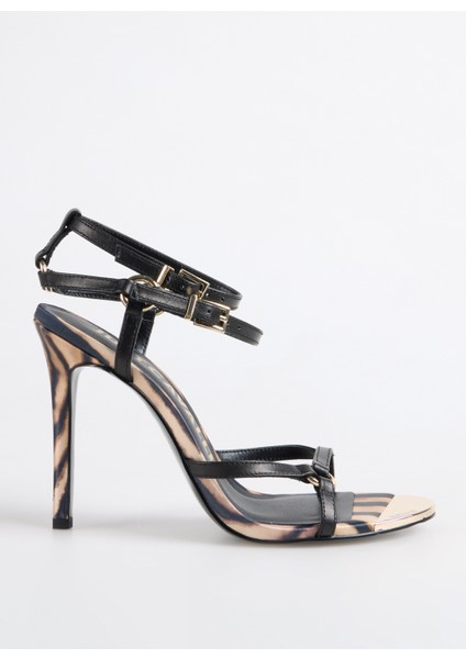 Siyah Deri Kadın Topuklu Sandalet