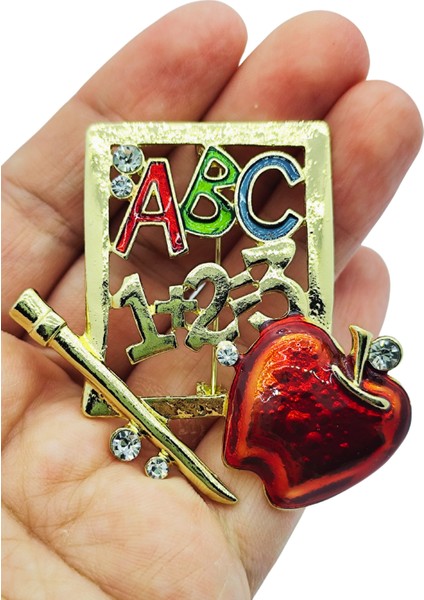 Öğretmen Temalı Abc 123 Kırmızı Elma Taşlı Broş – Renkli Eğitim Sembollü Brooch