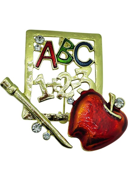 Öğretmen Temalı Abc 123 Kırmızı Elma Taşlı Broş – Renkli Eğitim Sembollü Brooch fiyatları