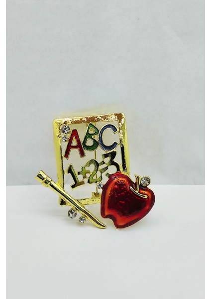 Öğretmen Temalı Abc 123 Kırmızı Elma Taşlı Broş – Renkli Eğitim Sembollü Brooch modelleri