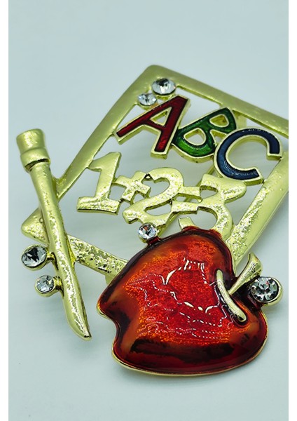 Öğretmen Temalı Abc 123 Kırmızı Elma Taşlı Broş – Renkli Eğitim Sembollü Brooch fırsatları