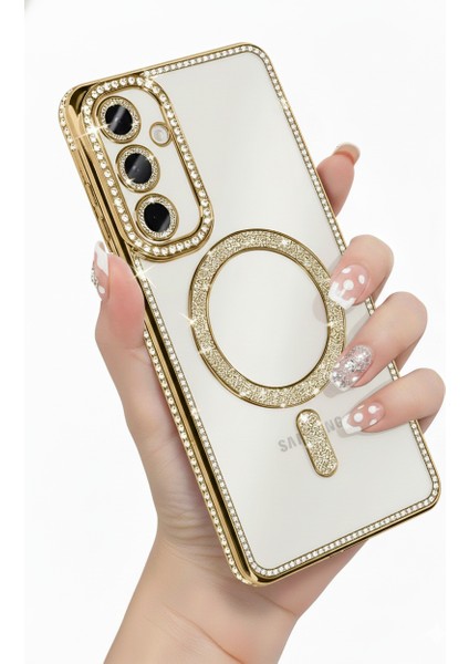 Samsung Galaxy A55 Uyumlu Kılıf Simli Magsafe Şarj Destekli Kamera Lens Korumalı Parıltılı Şık Kapak