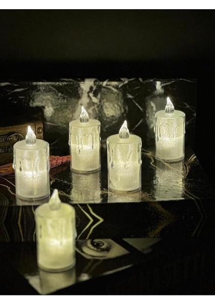 Titreyen Alevli Kristal Erimiş LED Mum 5'li Hareket Alevli Eriyen Yapay Mum Pilli LED