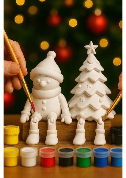Yılbaşı Boyanabilir Figür Seti 2'li | Noel Ağacı + Kardan Adam + 6 Renk Boya