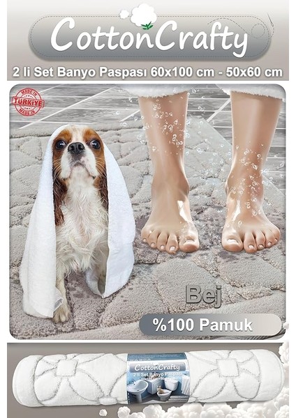 %100 Pamuk Dokuma Su Emici Banyo Paspas Seti, Banyo Halısı Çiçek 2 Li Set 60X100-60X50 (Bej) fiyatları