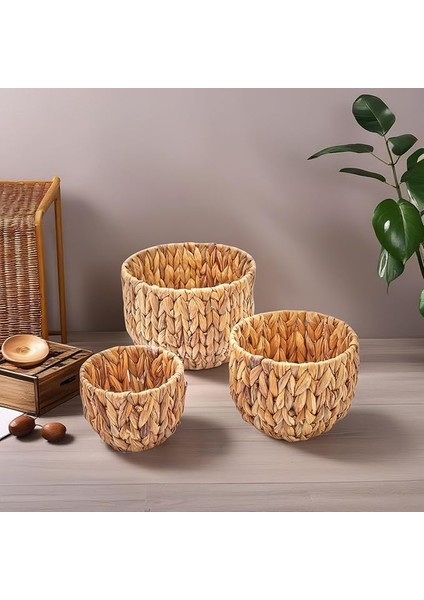 3'lü El Yapımı Doğal Hasır Yuvarlak Saksı Seti, Hasır El Yapımı Yuvarlak Örgü Saksı 3'lü Set, Rattan Saksı Seti, (22CM*15CM-18CM*13CM-14CM*11CM)