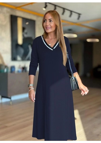 Kadın Uzun Kollu V Yakalı Midi Modal Elbise