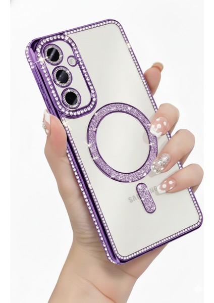 Samsung Galaxy S25 Edge Uyumlu Kılıf Simli Magsafe Şarj Destekli Kamera Lens Koruma Parıltılı Kapak