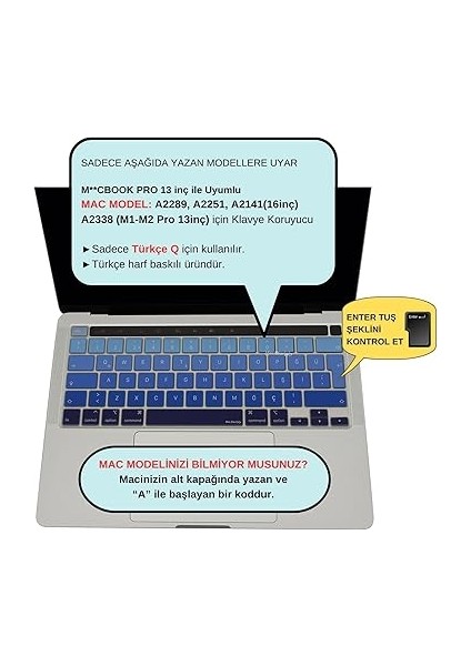 MacBook Pro 13 Inç Klavye Koruyucu Silikon Türkçe Q – M1/m2 Touch Id Uyumlu – A2338 A2289 A2251 – Sıvı/toz Korumalı Ince Kaplama – 16 Inç A2141 ile De Uyumlu Lacivert Mavi fiyatları