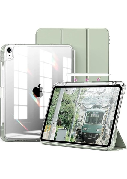 Ipad Air 11INÇ 2024 Air 4/5/6.nesil 10.9 ile Uyumlu Kılıf Pen Charge Şeffaf Kalem Bölmeli Case, Açık Yeşil