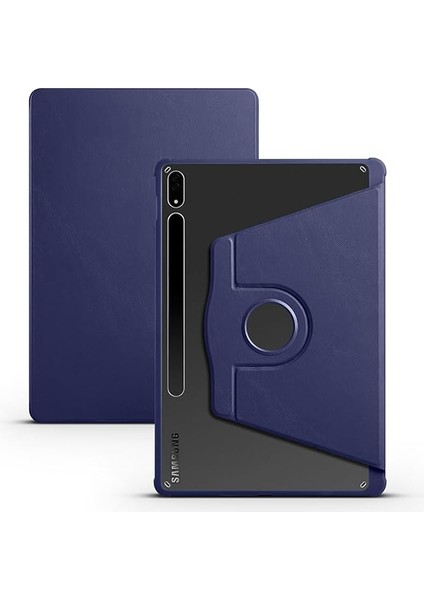 Samsung Galaxy Tab S7 Fe Lte (T737-T736-T733-T730) ile Uyumlu Kılıf 360 Derece Dönebilen Standlı Pu Arkası Şeffaf Pu Deri Tpu Kaliteli Tam Uyumlu Termik Kapak Kalem Bölmeli - Lacivert