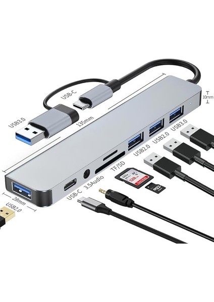 MT96 Otg Kablolu Çoklayıcı Type-C USB Girişli 8in1 Adaptör Hub Çoğaltıcı Kart Okuyucu Aux