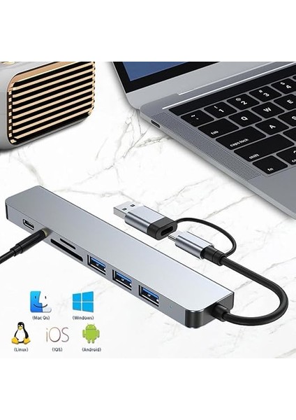 MT96 Otg Kablolu Çoklayıcı Type-C USB Girişli 8in1 Adaptör Hub Çoğaltıcı Kart Okuyucu Aux fiyatları
