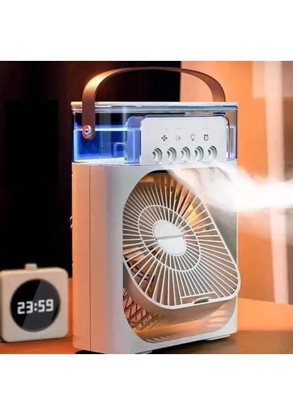 Mini Buharlı Hava Soğutucu, Taşınabilir Portatif Klima, Mobil Sulu Klima, 3 Rüzgar Hızı, 3 Sis Modu, Buzlu Vantilatör 5 Sprey Delikli ile Renkli LED Işıklı Beyaz Renk - HR025 (Beyaz)