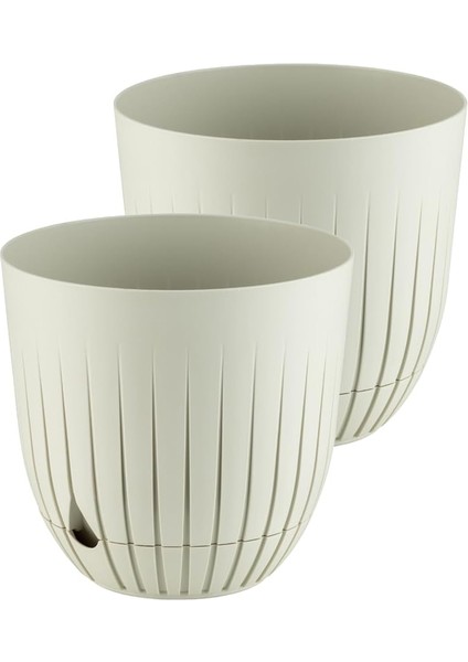 Adet Çizgi Saksı Seti Tabaklı Delikli Plastik Çiçek Saksısı Set (Krem, 5 Litre)