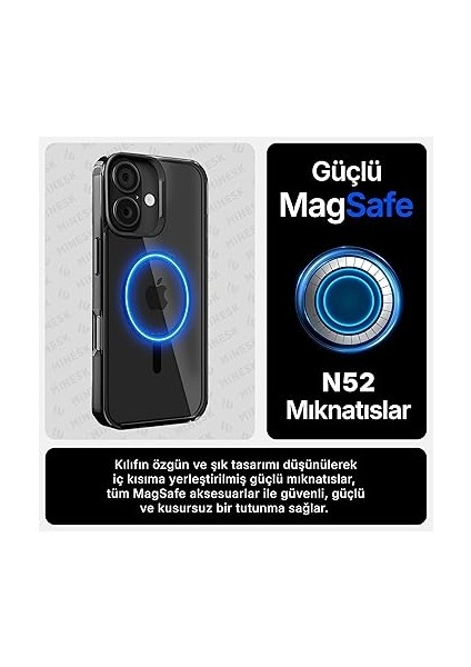 iPhone 16 Için Cyrstal+ Serisi Magsafe ile Uyumlu Metal Lens Korumalı ve Metal Tuş Takımlı Hybrid Materyal Kılıf Kapak (Siyah, 16) fiyatları