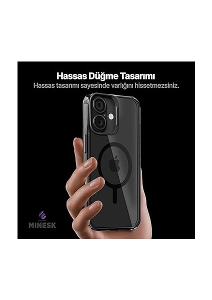 iPhone 16 Için Cyrstal+ Serisi Magsafe ile Uyumlu Metal Lens Korumalı ve Metal Tuş Takımlı Hybrid Materyal Kılıf Kapak (Siyah, 16) modelleri