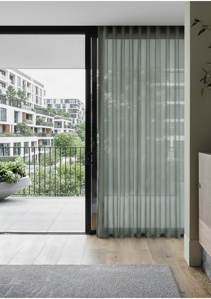 Modern Panama Keten Tül Perde - Koyu Yeşil - Pileli Dikim 1x2,5 Pile - KTN11