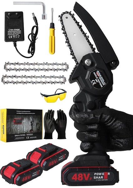 Çift Akülü Çift Zincirli Budama Testeresi Taşıma Çantalı 48VF Şarjlı Testere Eldiven Hediyeli