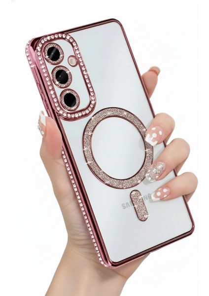 Samsung Galaxy S25 Fe Uyumlu Kılıf Simli Magsafe Şarj Destekli Kamera Lens Korumalı Parıltılı Kapak