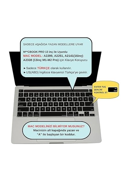 MacBook Klavye Koruyucu Silikon Film Us Ingilizce Amerikan-Return-Enter-Için Türkçe Çeviri Baskı Touchbar Pro 13-16 Inç A2251 A2289 A2338 A2141 Uyumlu, Ultra Ince Yıkanabilir Siyah fiyatları