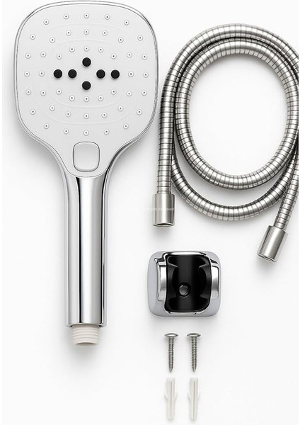Spiralli Duş Başlığı Seti, 3 Fonksiyonlu Tuşlu Geniş Gövde Krom Duş Başlığı, 150 cm Duş Hortumu, Mafsallı Başlık, Vida ve Dübel Dahil, Su Tasarruflu, Duvara Monte Banyo Takımı