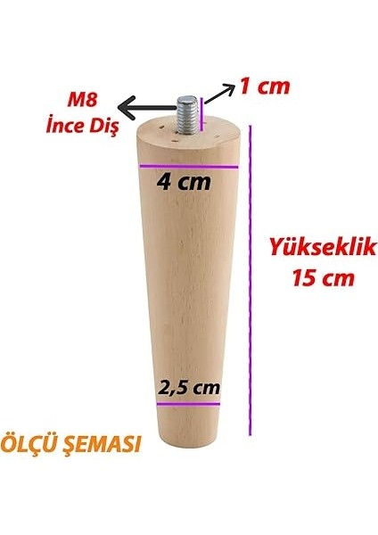 8 Adet Ahşap Ayak 15 cm Dolap Mobilya Koltuk Kanepe Destek Ayağı Ayakları Konik M8 Civatalı fiyatları