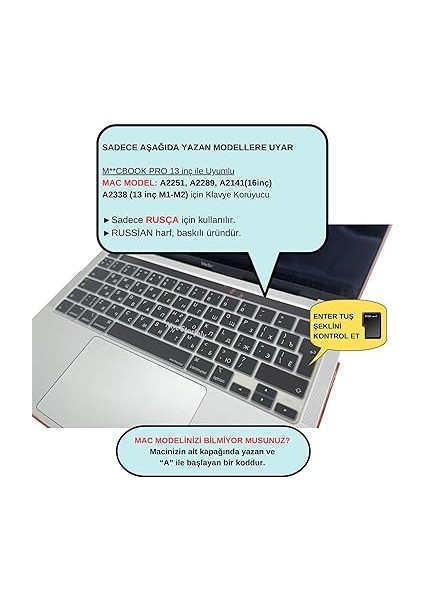 MacBook Klavye Koruyucu Silikon Kılıf Rusça Baskılı Uk-Ters L Enter Tipi Touchbar Pro 13INÇ M1,m2 A2251,A2289,A2338 -Pro 16 Inç A2141 Uyumlu, Ultra Ince Klavye Filmi Siyah fiyatları