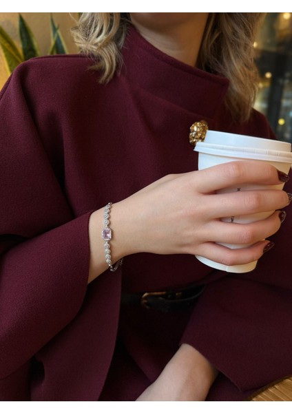 925 Ayar Gümüş Pembe Taşlı Zarif Kadın Bileklik – Gerçek Gümüş, Işıltılı Tasarım