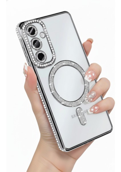 Samsung Galaxy A25 Uyumlu Kılıf Simli Magsafe Şarj Destekli Kamera Lens Korumalı Parıltılı Şık Kapak