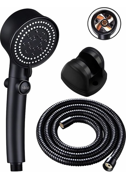Turbo Pervaneli Basınçlı Duş Başlığı Seti | 5 Fonksiyonlu Sprey Modu, Ergonomik Tasarım, 150 cm Esnek Hortum ve Mafsallı Tutucu, Yüksek Basınç Su Tasarruflu Duş Sistemi