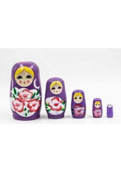 Mor Ahşap Matruşka Bebek Seti, 5 Adet, Sevimli ve Dekoratif Ürün