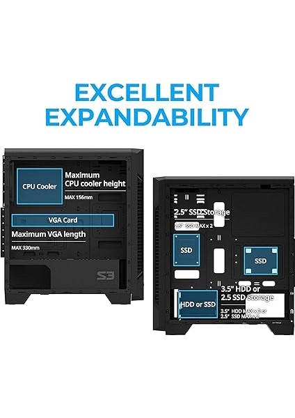 S3 Tg - Atx Mid Tower Bilgisayar Pc Kasası - Temperli Cam Yan Panel - 3 x 120 mm Kasa Fanı Önceden Takılmış, Siyah fırsatları