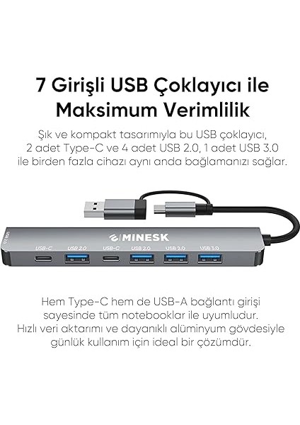 Usb-C Hub Laptop ve Macbook ile Uyumlu Çoklayıcı / 1x USB 2.0 / 1x USB 3.0 / 2x Usb-C/çevirici Çoklayıcı (7-In 1 USB Hub) modelleri
