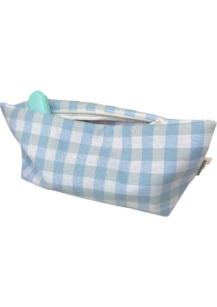 Pötikareli Yıkanabilir Fermuarlı Tek Gözlü Bez Kalemlik Kalem Kutusu Cüzdan Makyaj Çantası Bez Kalem Kesesi (Açık Mavi)