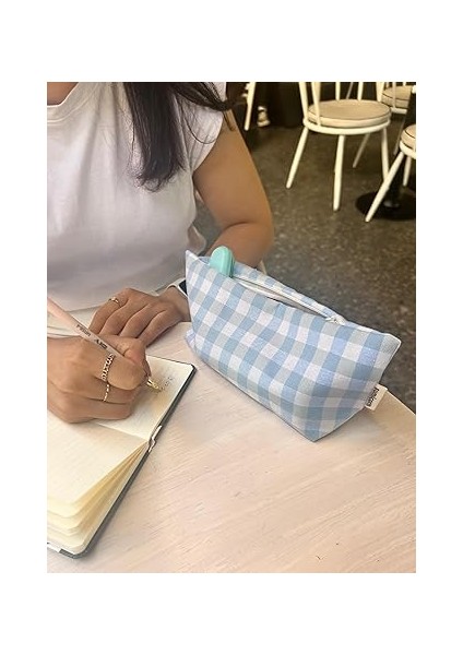 Pötikareli Yıkanabilir Fermuarlı Tek Gözlü Bez Kalemlik Kalem Kutusu Cüzdan Makyaj Çantası Bez Kalem Kesesi (Açık Mavi) fiyatları