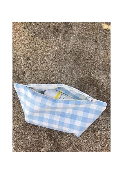 Pötikareli Yıkanabilir Fermuarlı Tek Gözlü Bez Kalemlik Kalem Kutusu Cüzdan Makyaj Çantası Bez Kalem Kesesi (Açık Mavi) modelleri