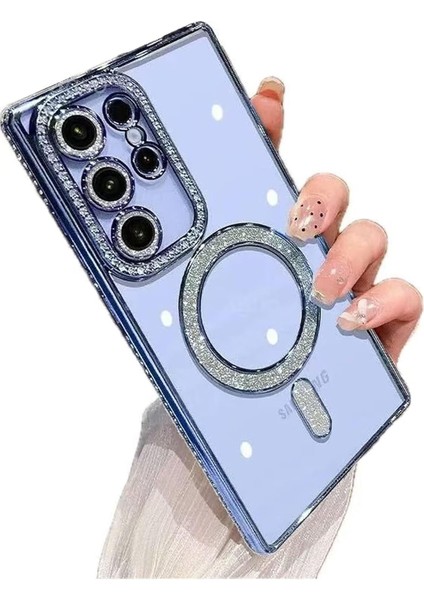 Samsung Galaxy S23 Ultra Uyumlu Kılıf Simli Magsafe Şarj Destekli Kamera Lens Koruma Parıltılı Kapak