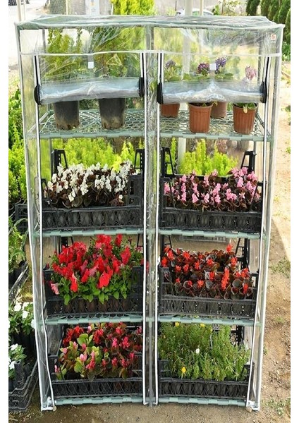 Katlı Mini Sera, Pvc Şeffaf Örtülü, Çiçek ve Bitki Yetiştirme Rafı, 2 Bölmeli