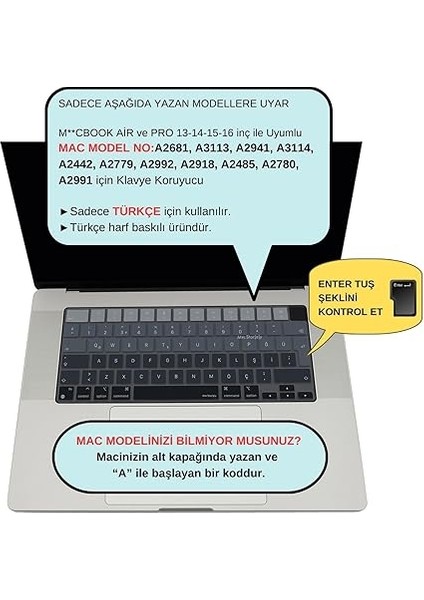 MacBook Klavye Koruyucu Türkçe Q Silikon Ombre Ince Kaymaz Yıkanabilir Air 13.6 Inç 15.3 Inç Pro 14 Inç 16 Inç M2 M3 M4 Uyumlu A3113 A3114 A3112 A3401 A3185 A3403 A3186 A2918 Siyah Gri fiyatları
